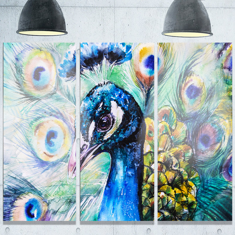 Designart Beautiful Peacock Watercolor 3 Piece Painting Print On