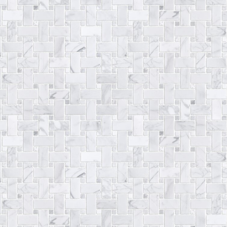 White Carrara 1" x 2" Natural Stone Basketweave Marble Look Mosaic Wall Tile