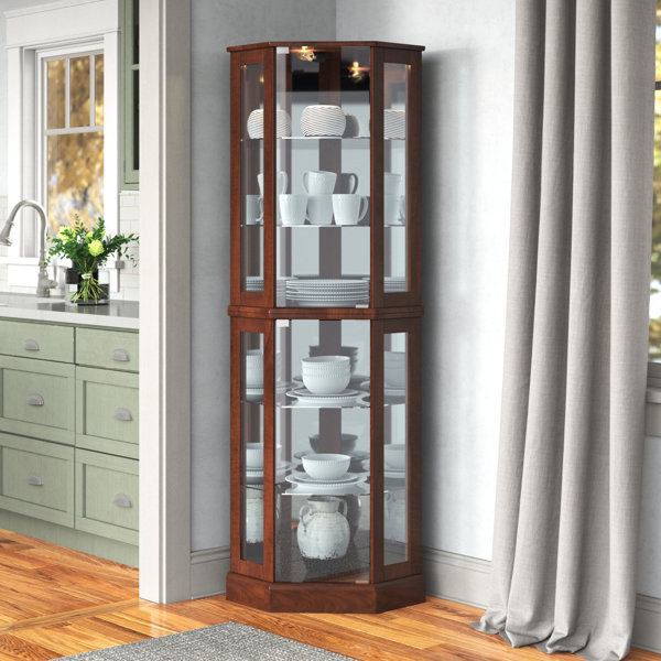 Mirror Back LOCKABLE Fully Assembled HOME Wenge Double Glass Display Cabinet 7 Glass Shelves Spotlight 