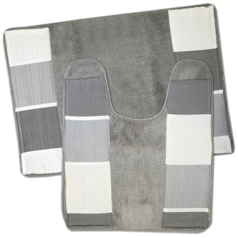 Microfiber 2 Pieces Bathroom Bath Rug Pedestal Mat Set Black Beige Floral Patter