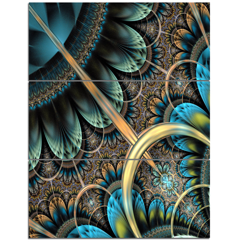 Designart Large Blue Brown Fractal Floral Pattern 3 Piece Graphic Art On Wrapped Canvas Set Wayfair