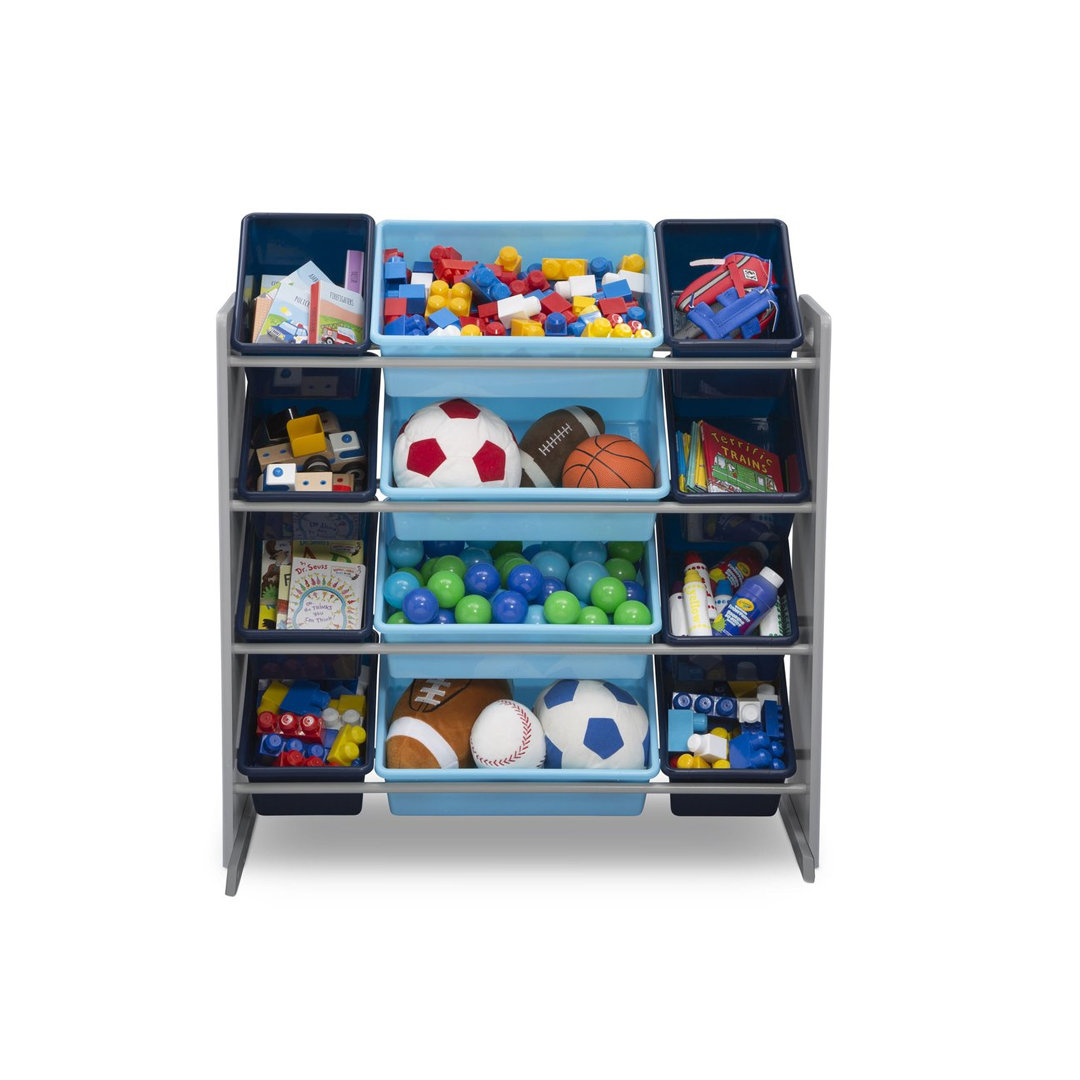 Delta Children Deluxe 12 Bin Plastic Blue Toy Organizer brown
