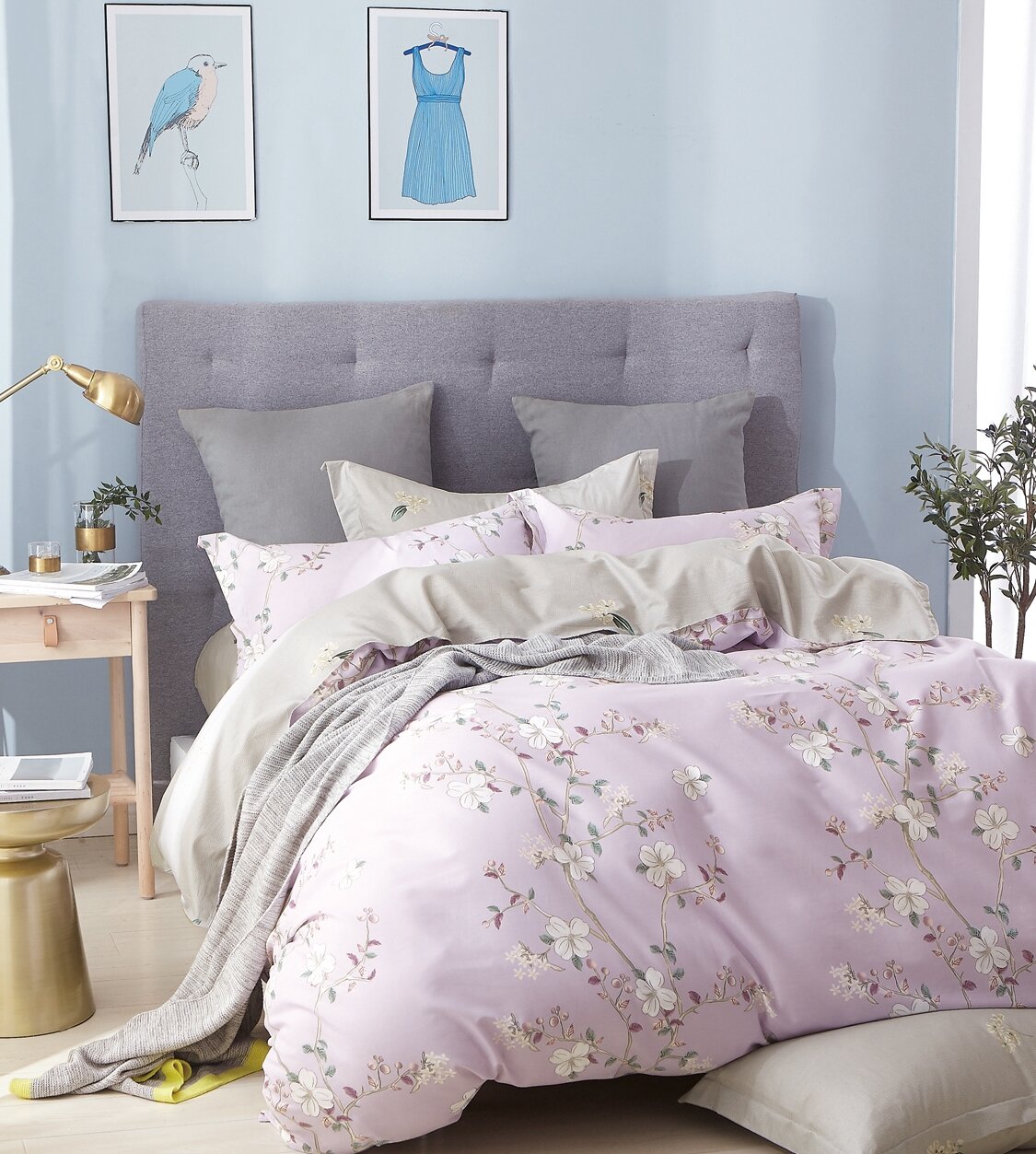 SINGLE SET Luxury 100% Cotton Bedspread Purple White Toile French Vintage New