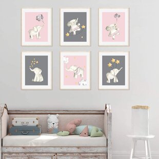 iMagitek 6 Set Unframed Elephant with Pink Balloons Wall Art Prints Decorations for Baby Girls Nursery Girls Room Kids Playroom 