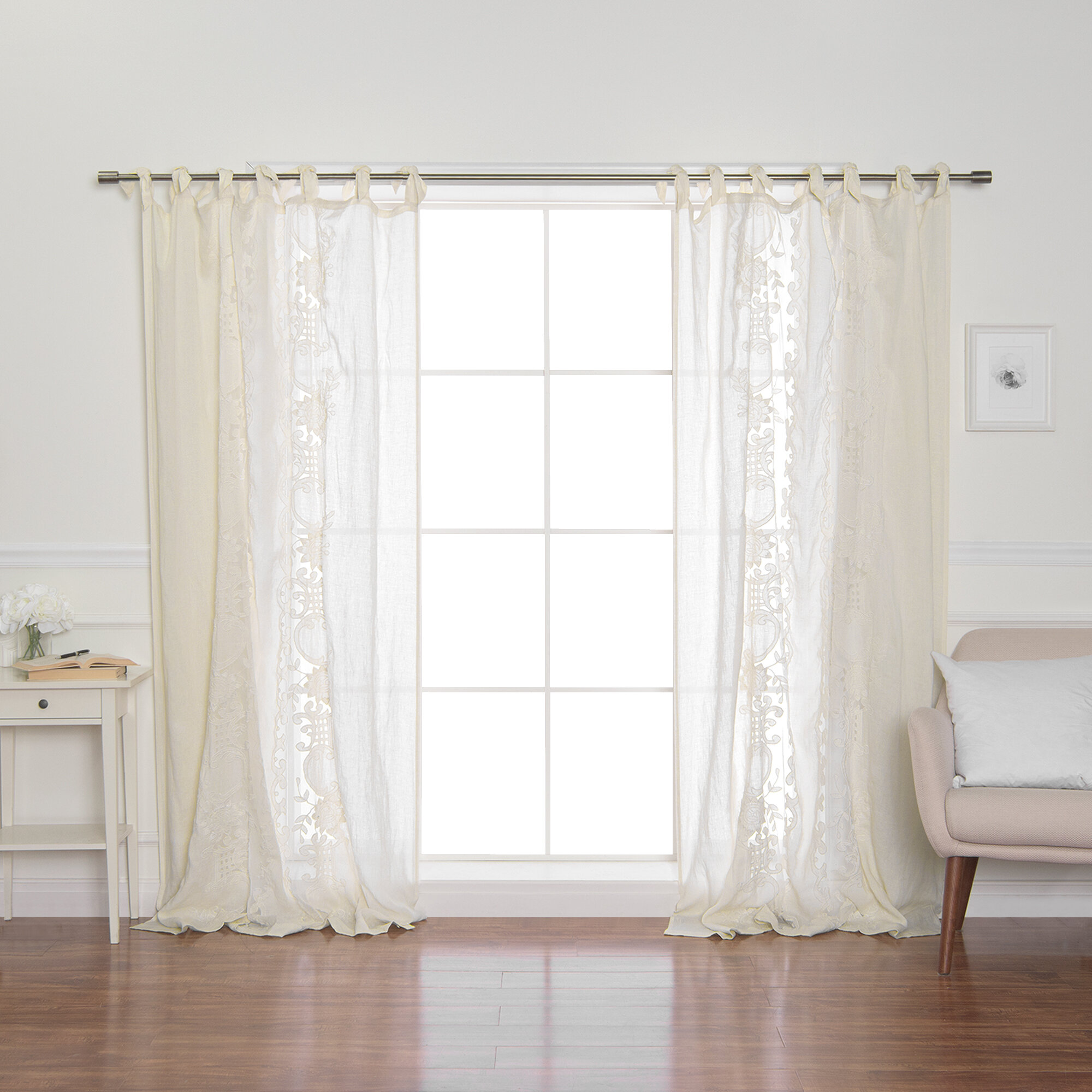 Embroidered Linen Floral Semi-Sheer Tie Top Single Curtain Panel