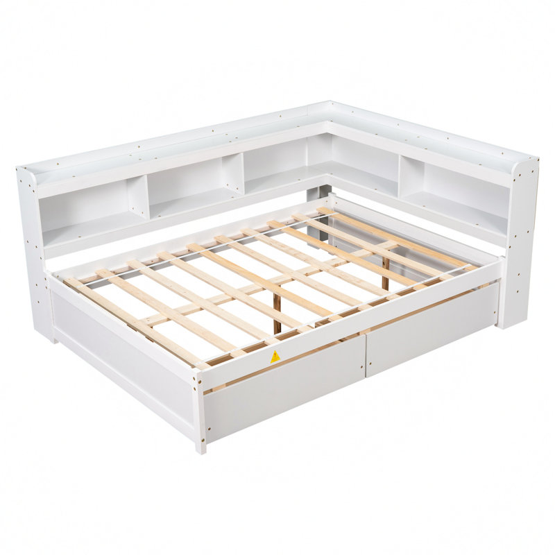 (incomplete box 1 of 2) Bed Frame with Built-in L-Shaped Bookshelves & 2 Storage Drawers – Space-Saving Modern Platform Bed, Solid Pine Wood Construction, Minimalist Design Color: White, Size: Full