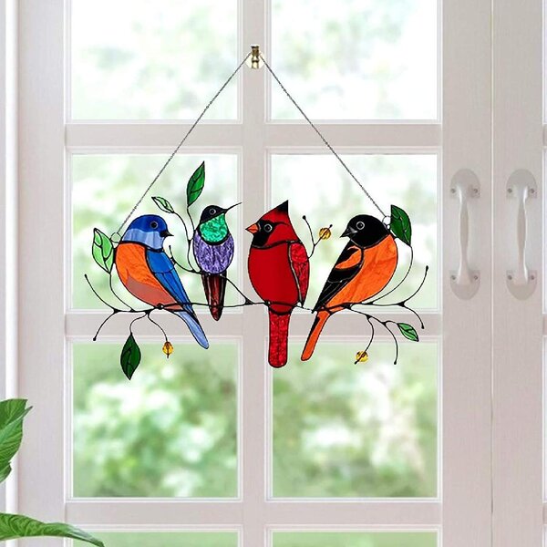 Multicolor Birds on A Wire High Stained Glass Suncatcher Window Panel Hanging for Windows Doors Home Decoration and Gifts Stained Glass Birds Window Hangings ​Home Decoration 11 Birds