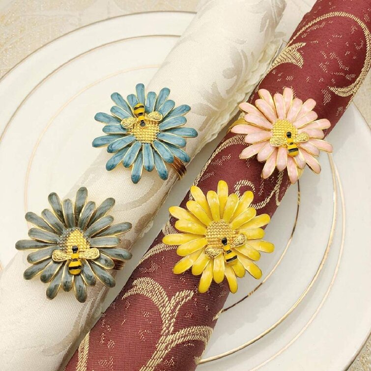Cute Bee Flower Napkin Holders Serviette Buckles for Christmas Holiday Wedding Banquet Carnival Party Table Decorations Blue Booluee 6 Pcs Metal Daisy Flower Napkin Rings Set