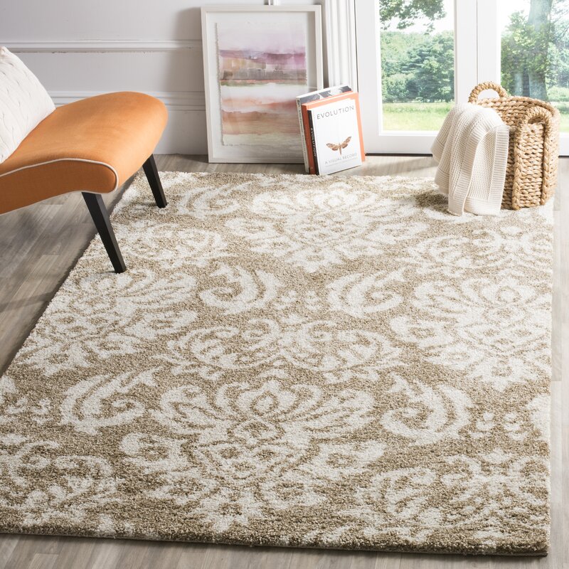 House of Hampton® Flanery Damask Shag Beige/White Area Rug & Reviews