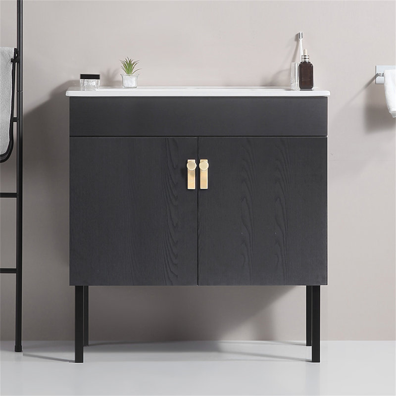 Natasia Bathroom Vanity with Ceramic Basin,Bathroom Storage Cabinet Finish: Black, Size: 22.8" H x 29.9" W x 18.3" D