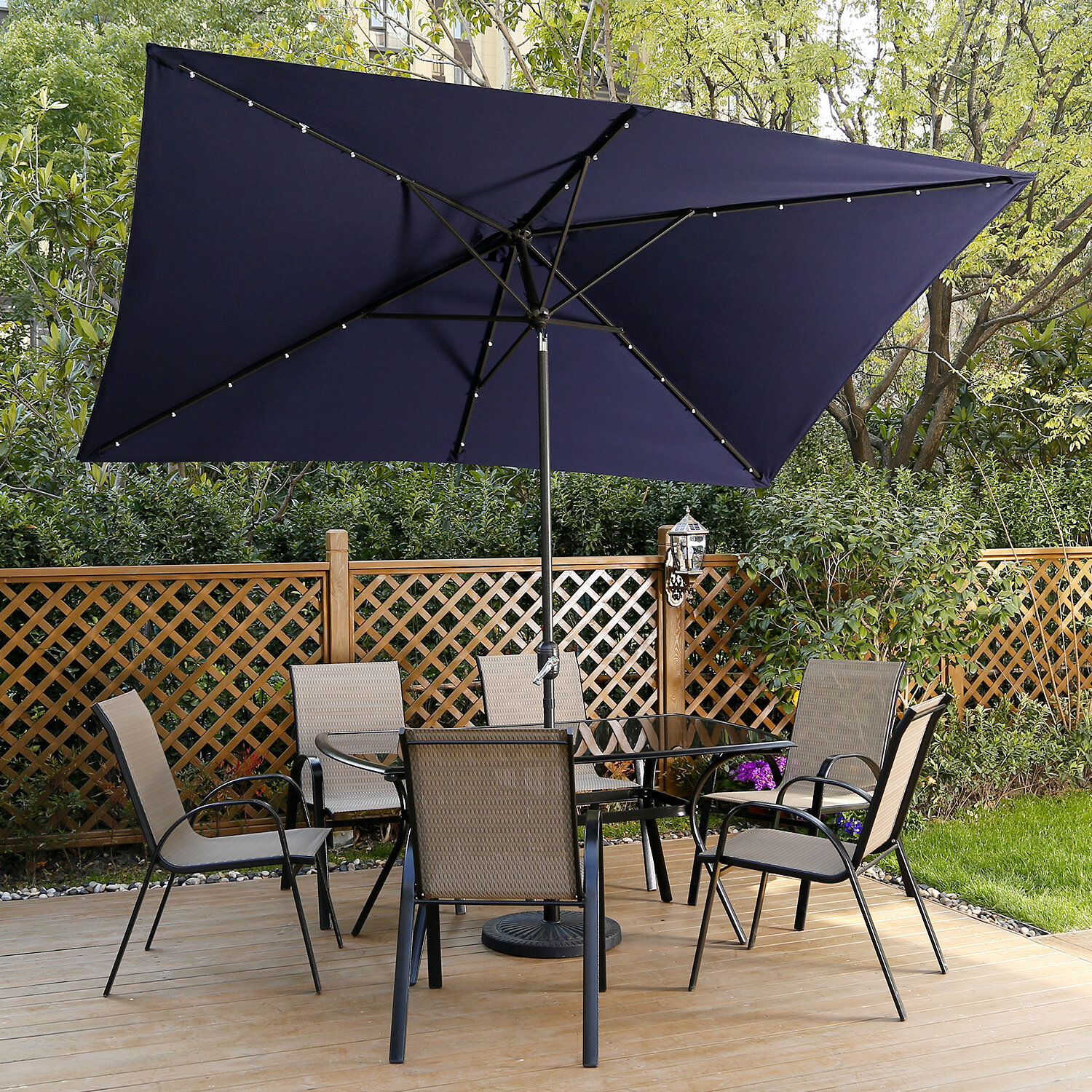 Freeport Park 10 Ft Led Lighted Patio Outdoor Umbrella Solar Power Market Table Fade Resistant Umbrella With Push Button Tilt Crank And 6 Sturdy Ribs Dark Blue Reviews Wayfair Ca