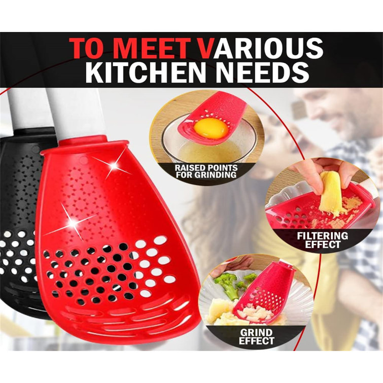 4 Packs Multifunctional Cooking Spoon black All Purpose Kitchen Tool Skimmer Scoop Colander Strainer Grater Masher Food-Grade High Temperature Resistant Cooking Gadgets