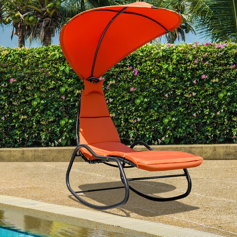 Outdoor Rocking Chaise Lounge Chair Cushion w/Canopy Shade Blue Orange White 