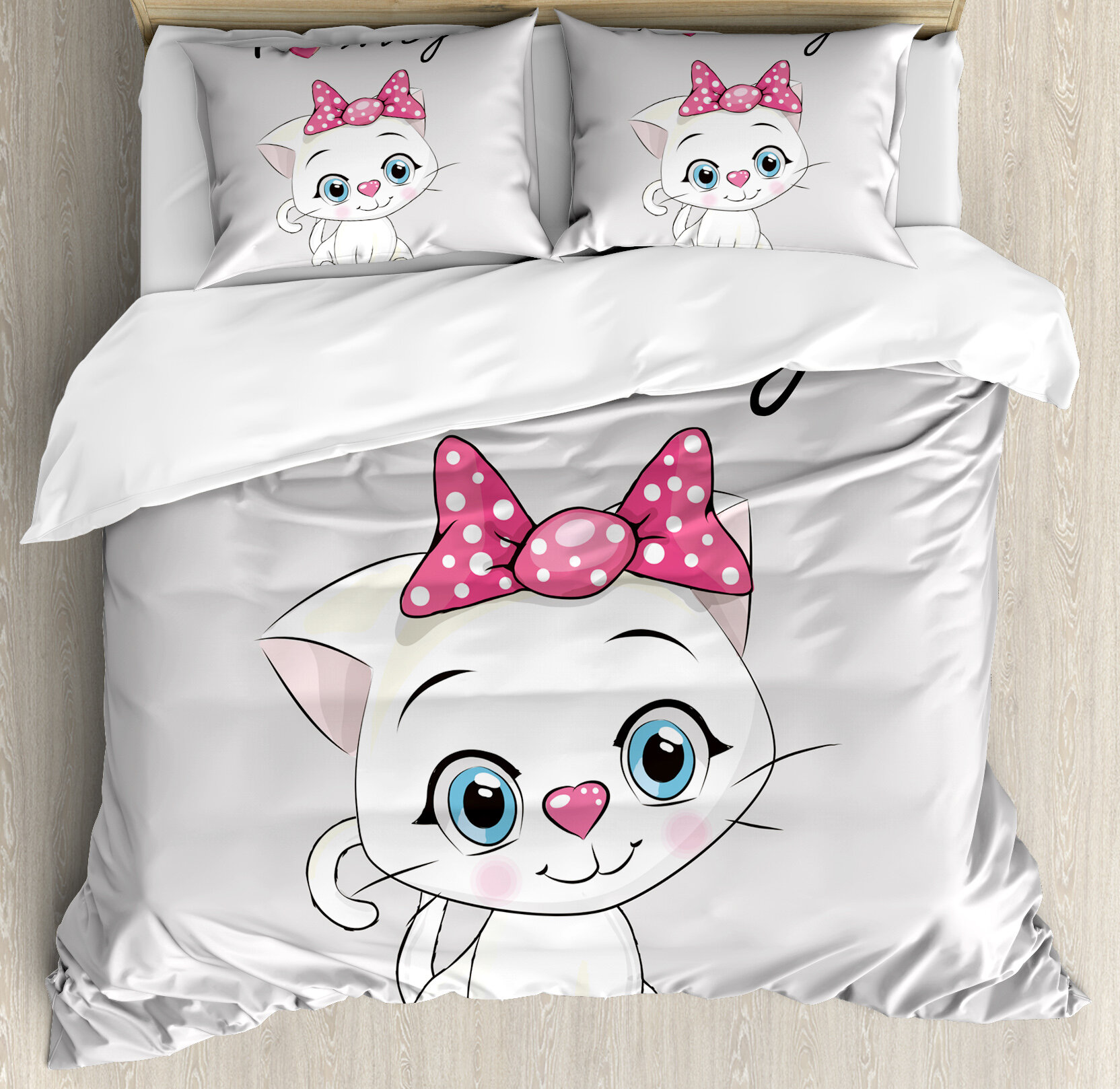 Cartoon Blue Cute cat Bedding Comfortable Breathable Hidden Zipper Kids Duvet Cover Set-Queen 3Pcs 1 Duvet Cover+2 Pillowcase