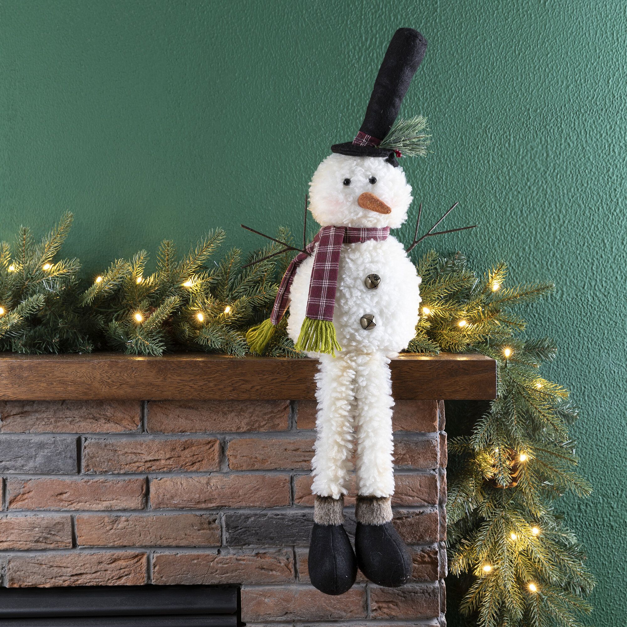 Black Hat Holiday Snowman Button Leg Figure Shelf Sitter 
