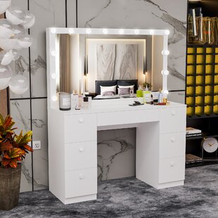 VINGLI Vanity Table Set with Lighted Mirror White Makeup Table Set with Touch Screen Dimming Light in 3 Color Modes Women Girls Dressing Table with Cushioned Stool in Bedroom
