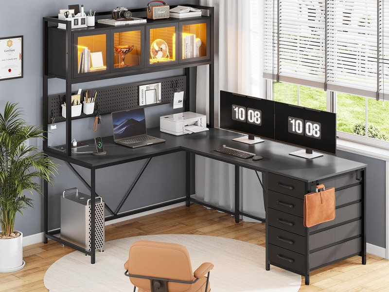 Roarke 62'' W L-Shaped Accent with Hutch and Cabinet Color (Top/Frame): Brown