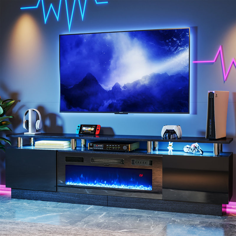 ( box 2 of 2 ) 80" Media Console For TVs Up To 90" With Electric Fireplace, Large TV Stand with Led Light Color: Black