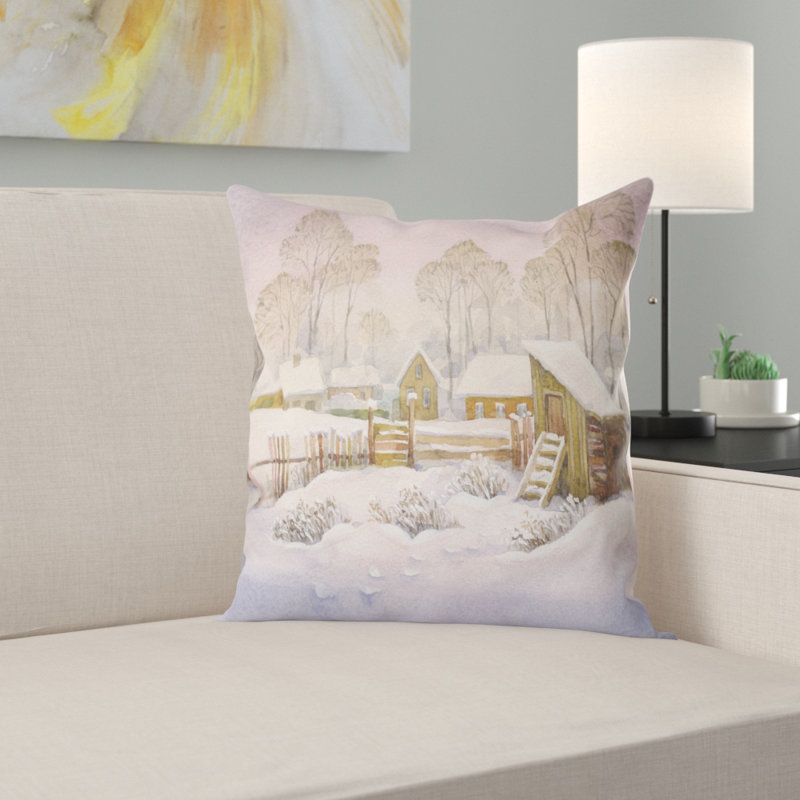East Urban Home Landscape Watercolor Old Winter Village Throw