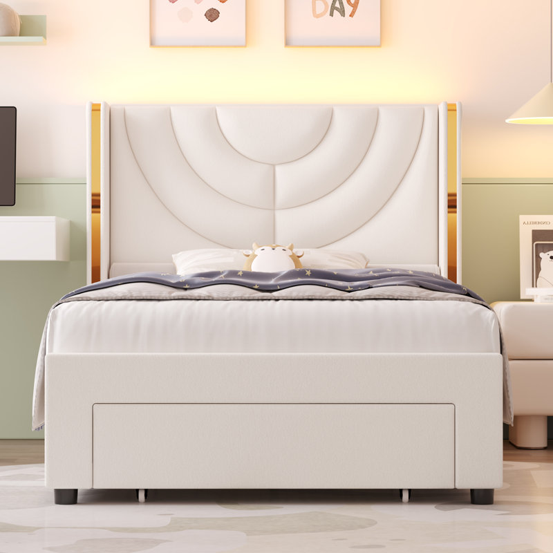 Sturminster Velvet Upholstered Wingback Storage Bed, Wall Wash LED Light Headboard Color: Cream, Size: Queen