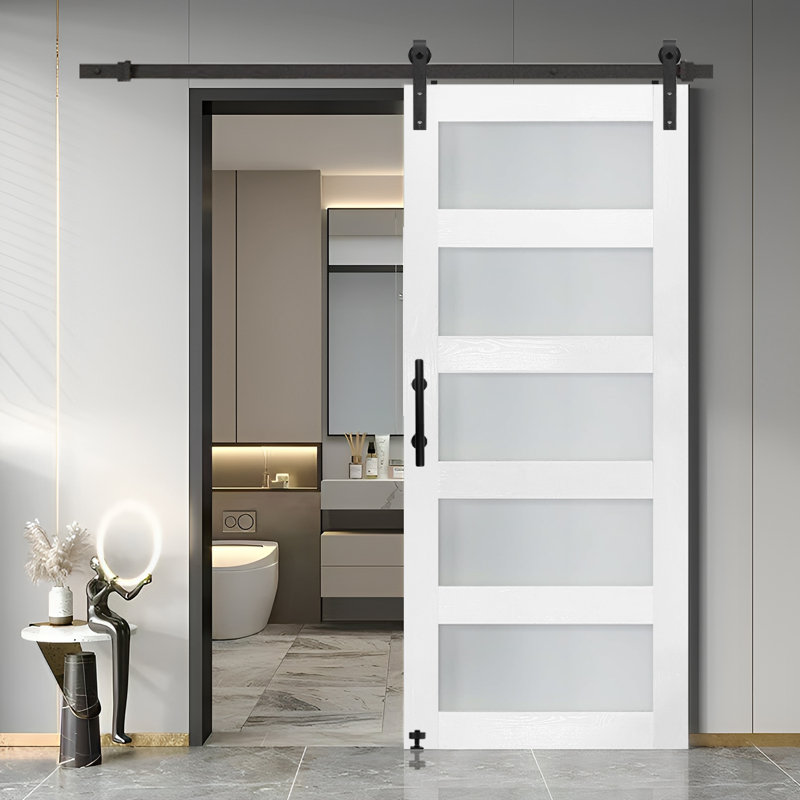 (Incomplete) Glass Sliding MDF Barn Sliding Door Hardware Kit, Tempered Frosted Glass, Simple DIY Assembly Size: 36\" x 84\"