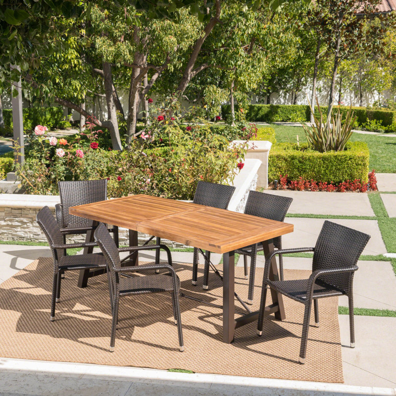 Union Rustic Lilley Outdoor Wood Wicker 7 Piece Dining Set ...