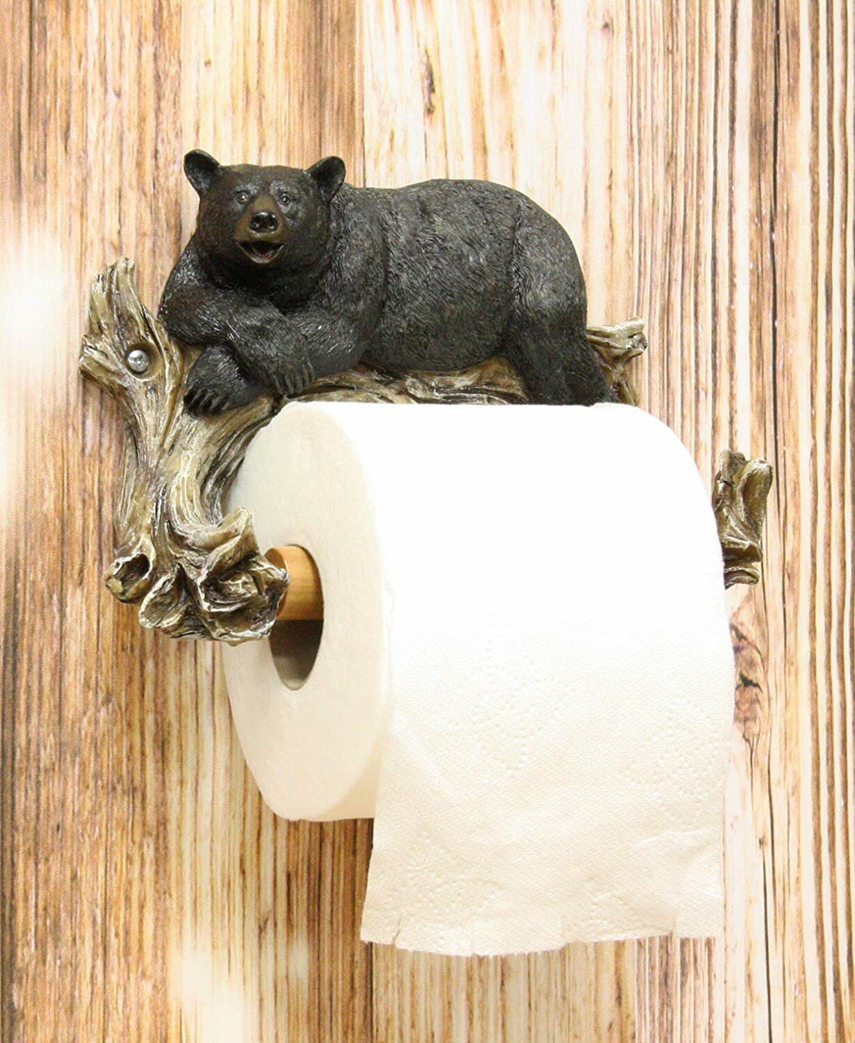 rustic lazy bear resting on tree branch wall mount toilet paper holder