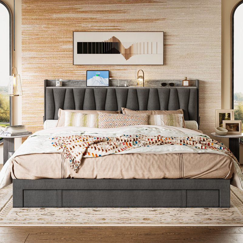 upholstered bed frame with 3 drawers, bed with storage headboard and charging station color: gray, size: queen