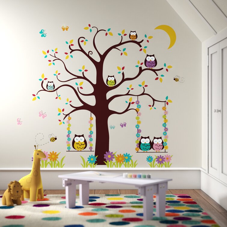 220cm Height Nursery Cot side tree with Owls & Butterflies removable wall decals 