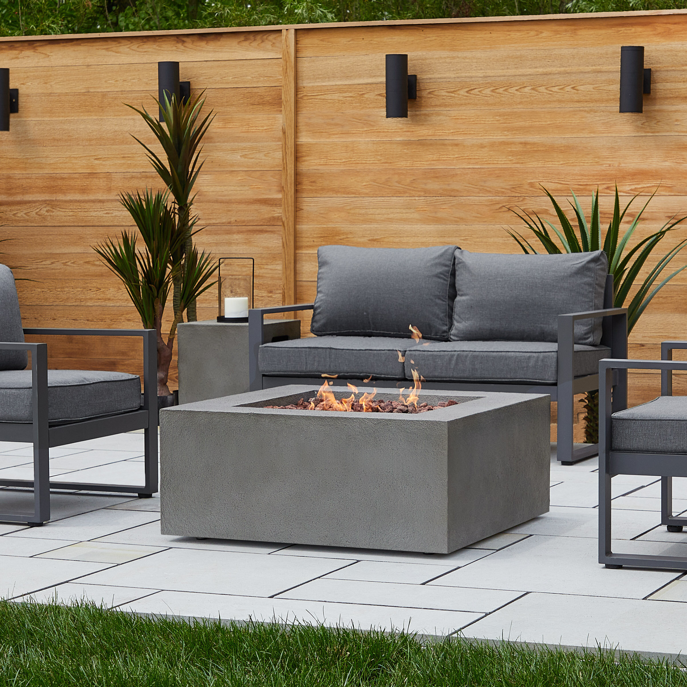 COSIEST 5-Piece Fire Pit Table Outdoor Furniture Warm Gray Wicker Conversation Set Fits 20lb Tank Outside w Glass Wind Guard 4 Coral Pillows w 32-inch Rectangle Wicker Fire Table 40,000BTU 
