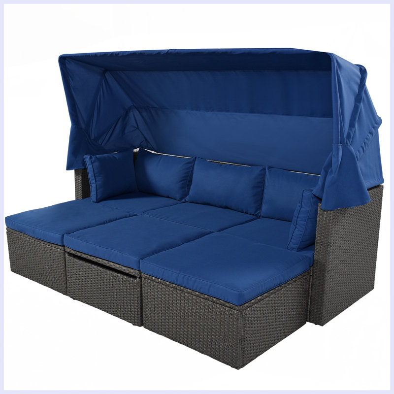 Modern Patio Rectangle Daybed With Retractable Canopy Cushion Color: Blue