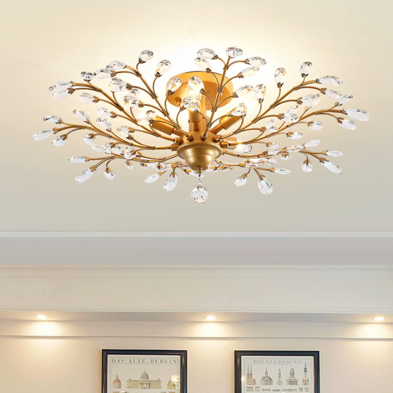 Jamei 5 - Light 31.5" Dimmable Crystal Semi Flush Mount Fixture Finish: Gold