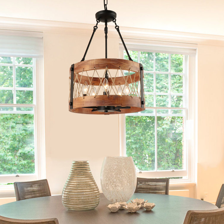 5 Lights Round Drum Wooden Rustic Chandelier Brown Island Ceiling Lights  Farmhouse Pendant Light Fixture For Kitchen Island Dining Room