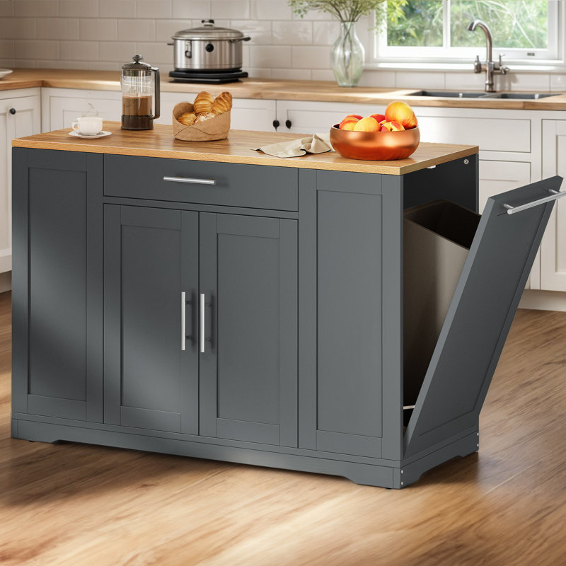 Cushing Rolling Kitchen Island with Wood Top & Trash Can Storage Cabinet Base Color: Gray