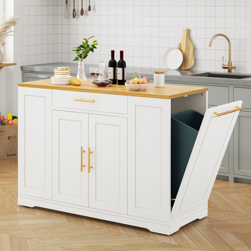 (incomplete) Cushing Rolling Kitchen Island with Wood Top & Trash Can Storage Cabinet Base Color: White