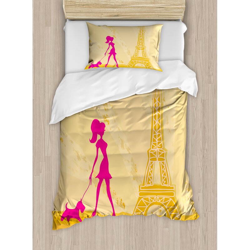 East Urban Home Silhouette Of A Girl With The Dog Eiffel Tower In