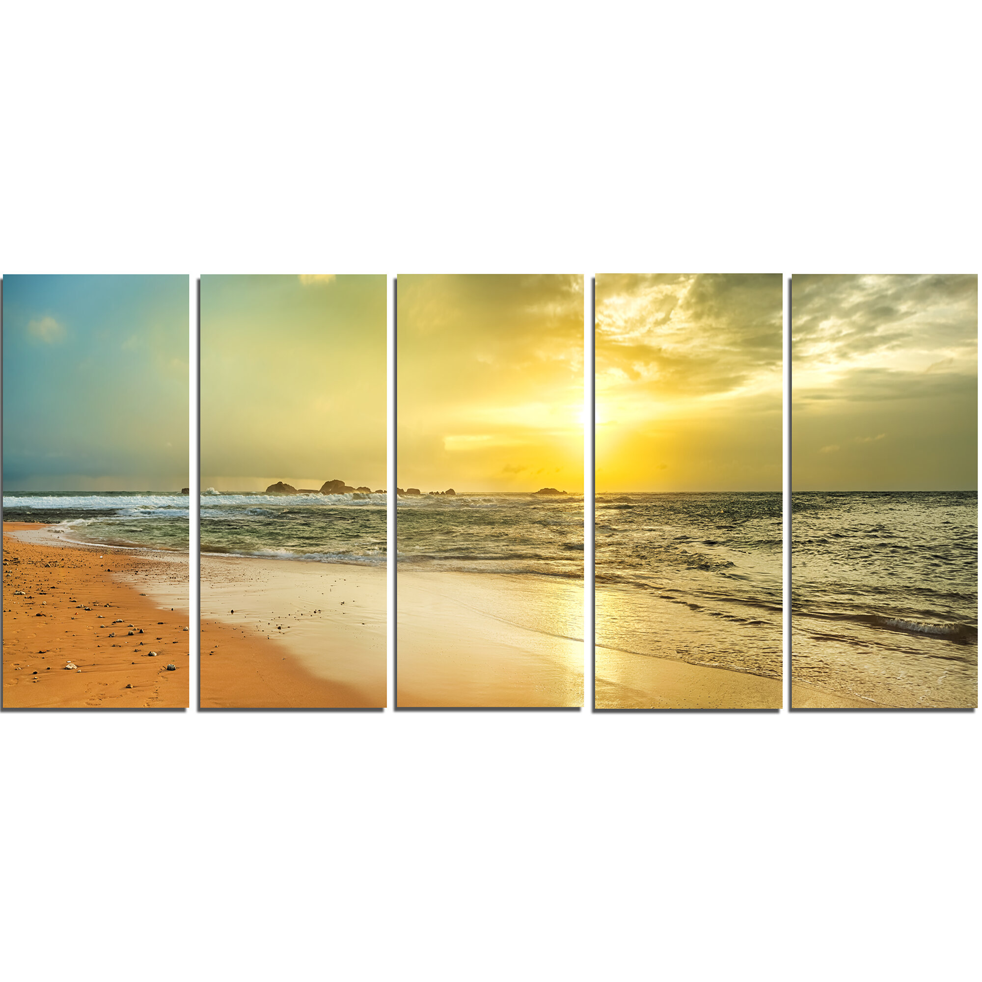 Designart Bright Yellow Sunset Beach Panorama 5 Piece Wall Art On Wrapped Canvas Set Wayfair