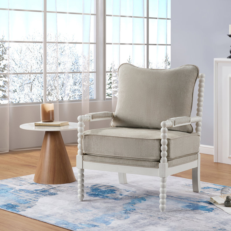 Lorentz Modern Farmhouse Accent Chair 25.5" Wide Chenille with Turned Wood and Solid Frame Fabric: Cream Chenille, Leg Color: Brown