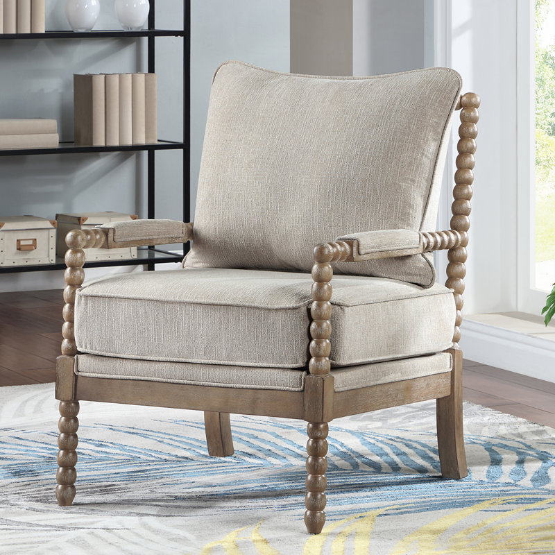 Lorentz Modern Farmhouse Accent Chair 25.5" Wide Chenille with Turned Wood and Solid Frame Leg Color: Brown, Fabric: Cream Chenille