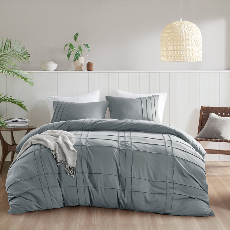 harris soft washed pinch pleated duvet cover set color/pattern: blue gray, size: queen duvet cover + 2 standard shams