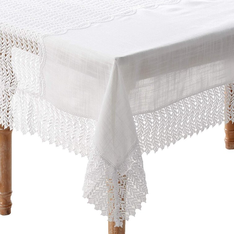 Macrame Lace Border Tablecloth 70 X 120 Ivory Violet Linen Dainty Emroidered Organza