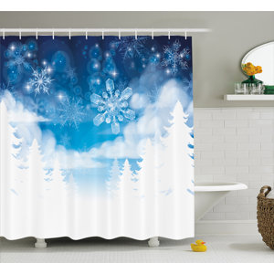 Winter Ations Christmas Trees Setting With Snowflakes and Stars New Year Graphic Image Shower Curtain