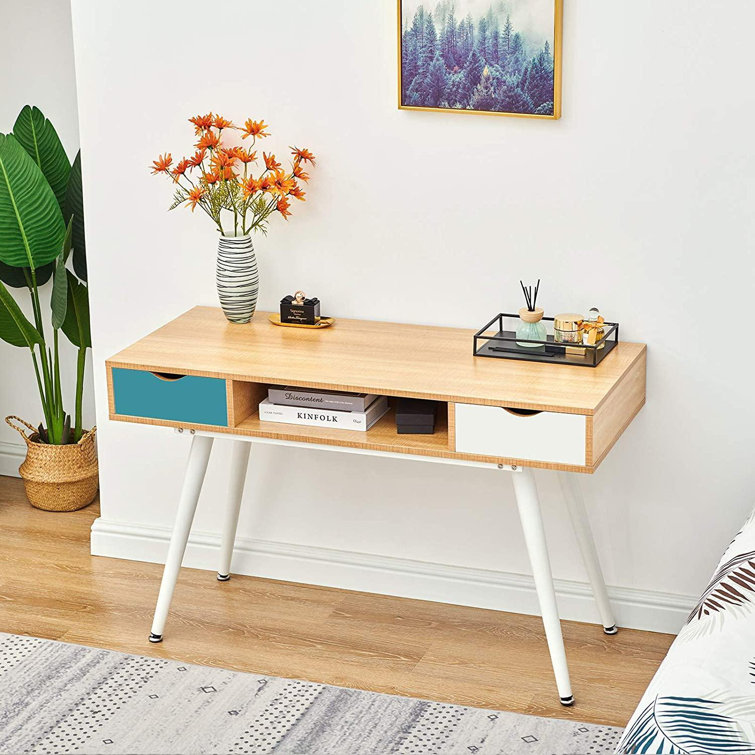 Corrigan Studio 47inch Computer Office Desk With Drawers For Small Space Room Home Bedroom Writing Study Desk With Three Storage Vanity Makeup Dressing Table With White Metal Legs For Kids Adults