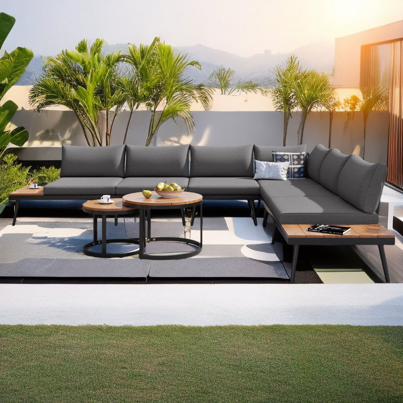 (Incomplete box 1/3) Tanzim 116'' Wide Outdoor L-Shaped Patio Sectional Set with Cushions Cushion Color: Gray