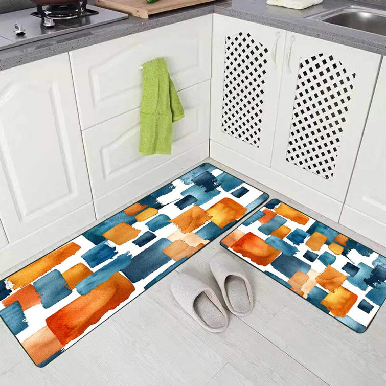 Latitude Run Modern Kitchen Rug Carpet Rugs For Kitchen Pattern Watercolor Navy Blue Orange Brushstrokes Isolated White Background Kitchen Rugs And Mats Non Skid Washable Wayfair