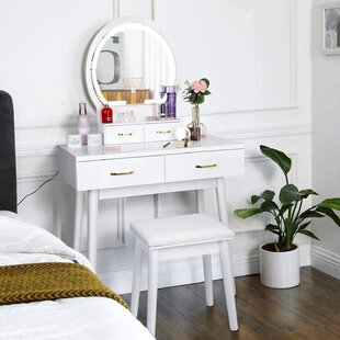 7 Drawers Makeup Table with Removable Organiser for Bedroom White BTM White Retro Dressing Table with Stool and Movable Mirror Dressing Room