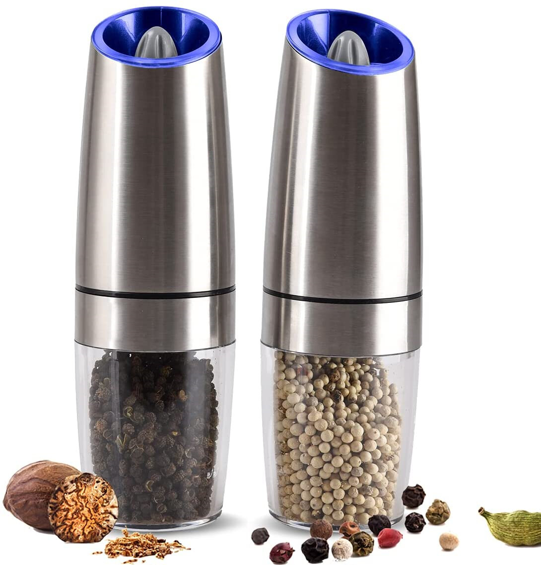 Salt Mill Grinder Battery Powered black silver Gravity Electric Salt and Pepper Grinder,Pepper Mill and Salt Mill with Adjustable Ceramic Rotor silver Automatic Operation 