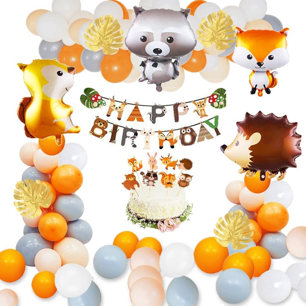 MMTX 54PCS Woodland Party Decorations Forest Animal Theme Happy Birthday  Decors Supply For 1St Boys Girls Balloon Garland Arch Kit With Fox Squirrel  Foil Balloons And Banner Turtle Leaves For Baby Shower -