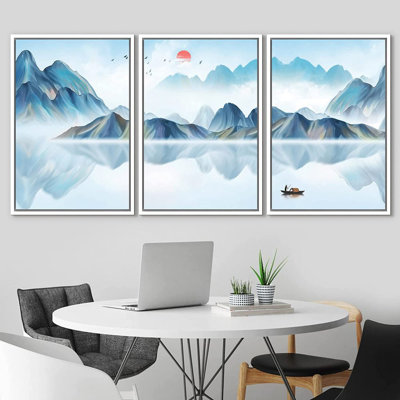 Abstract Landscape Mountain Reflection - 3 Piece Floater Frame Painting on Canvas