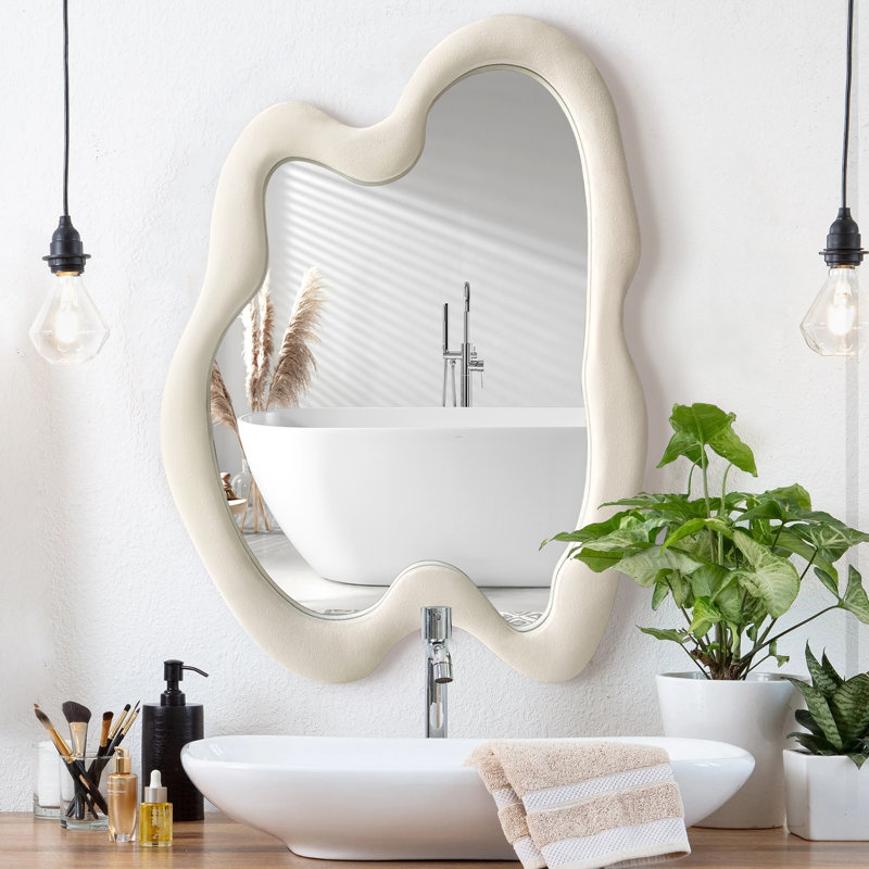 Lochan Asymmetrical Wall Mirror with Velvet Frame - Unique, Irregular Shaped Design for Living Room, Bedroom, or Hallway Decor Size: 32" x 24", Finish: Beige